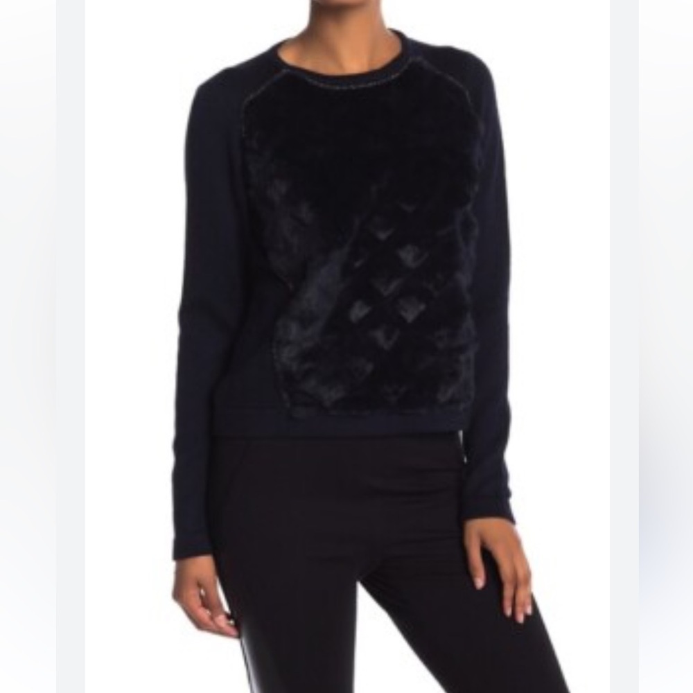 Elie Tahari black merino wool Sweater with Real rabbit Fur Panel